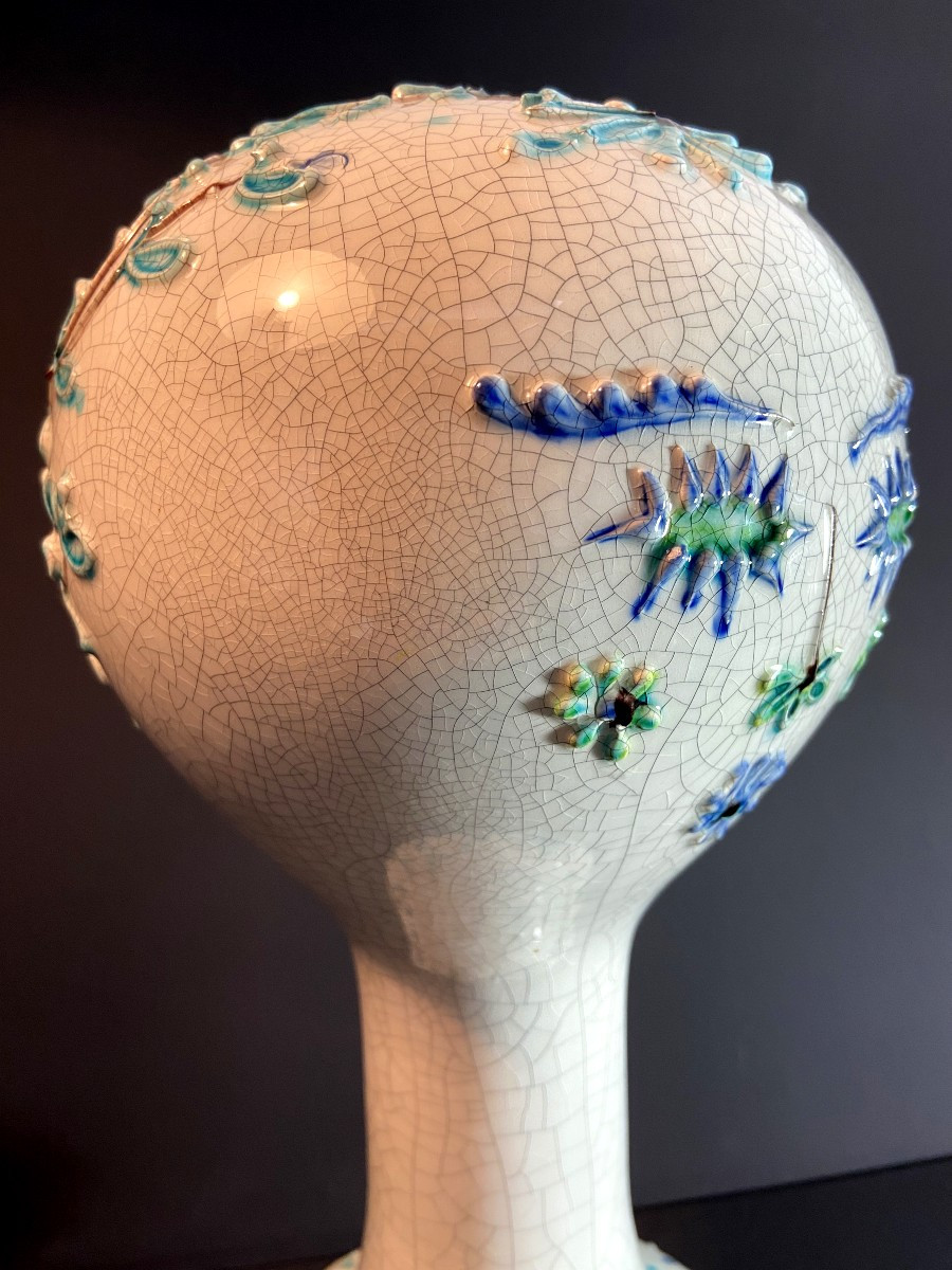 France, Mid 20th Century, Glazed Earthenware Marotte With Flower Design.-photo-3