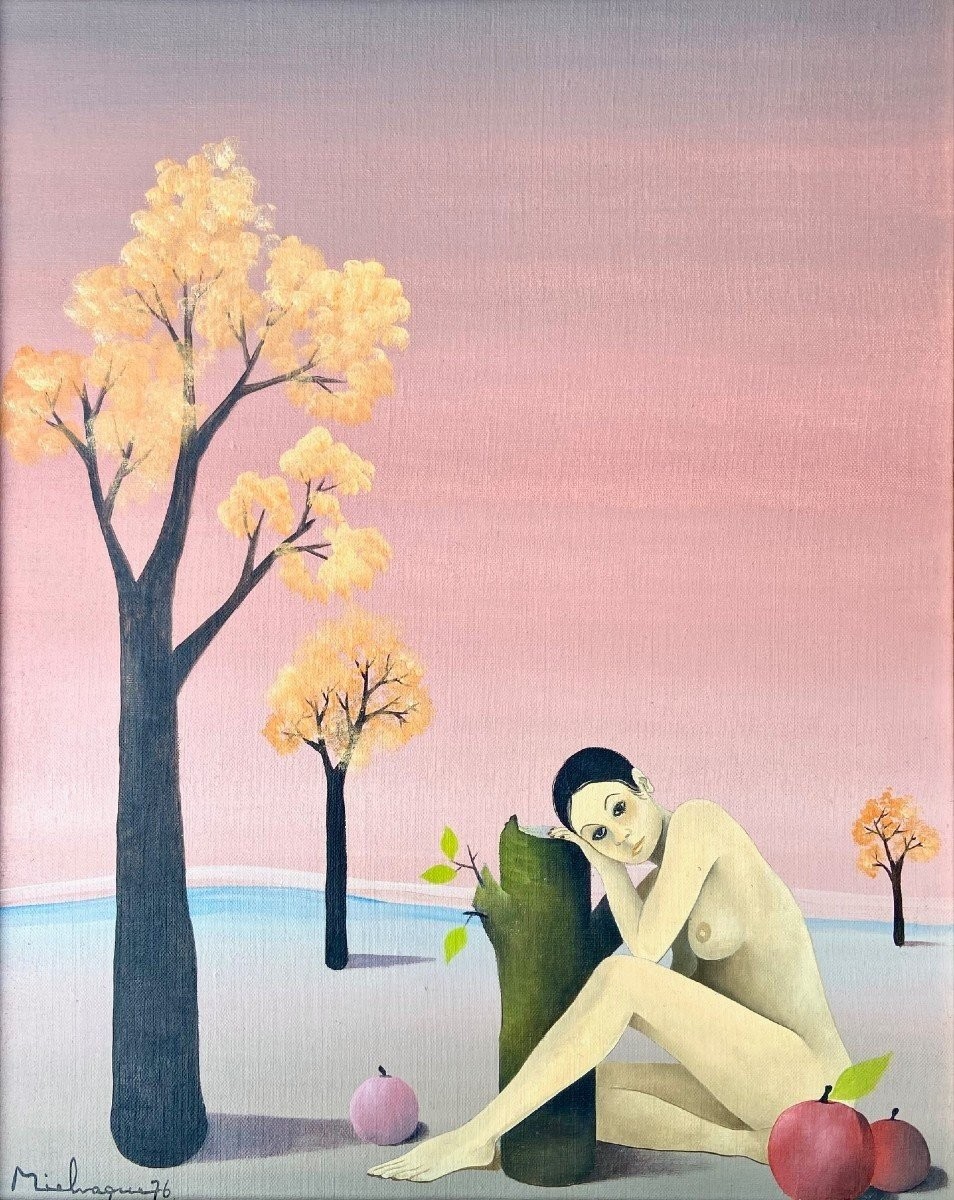 François Mielvaque (b. 1934), Surrealist Painting From 1976 On The Theme Of ève.