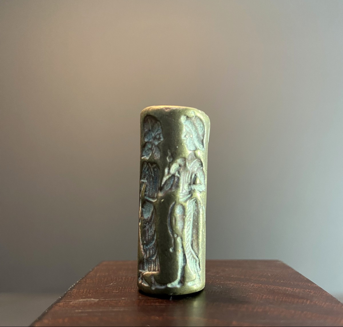 Bactrian Civilization, 300/400 B.c., Richly Decorated Bronze Cylinder Seal.