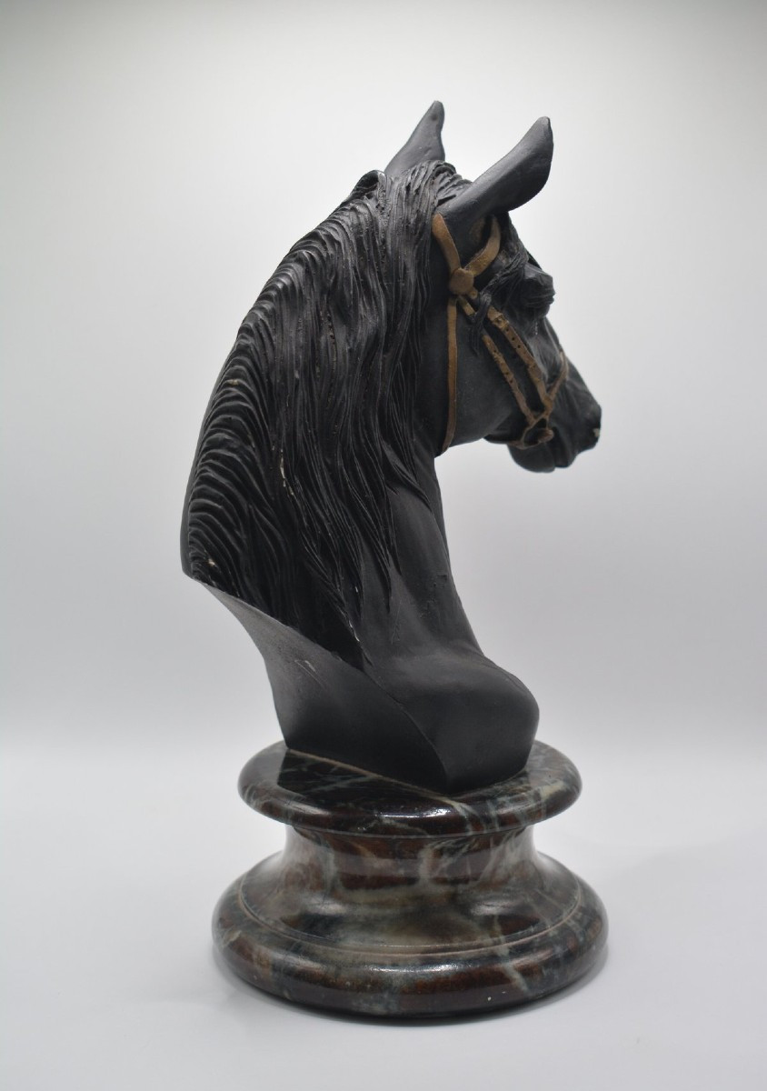 Italie, 1970, Sculpture à représentation d'un buste de cheval reposant sur un socle en marbre.-photo-3