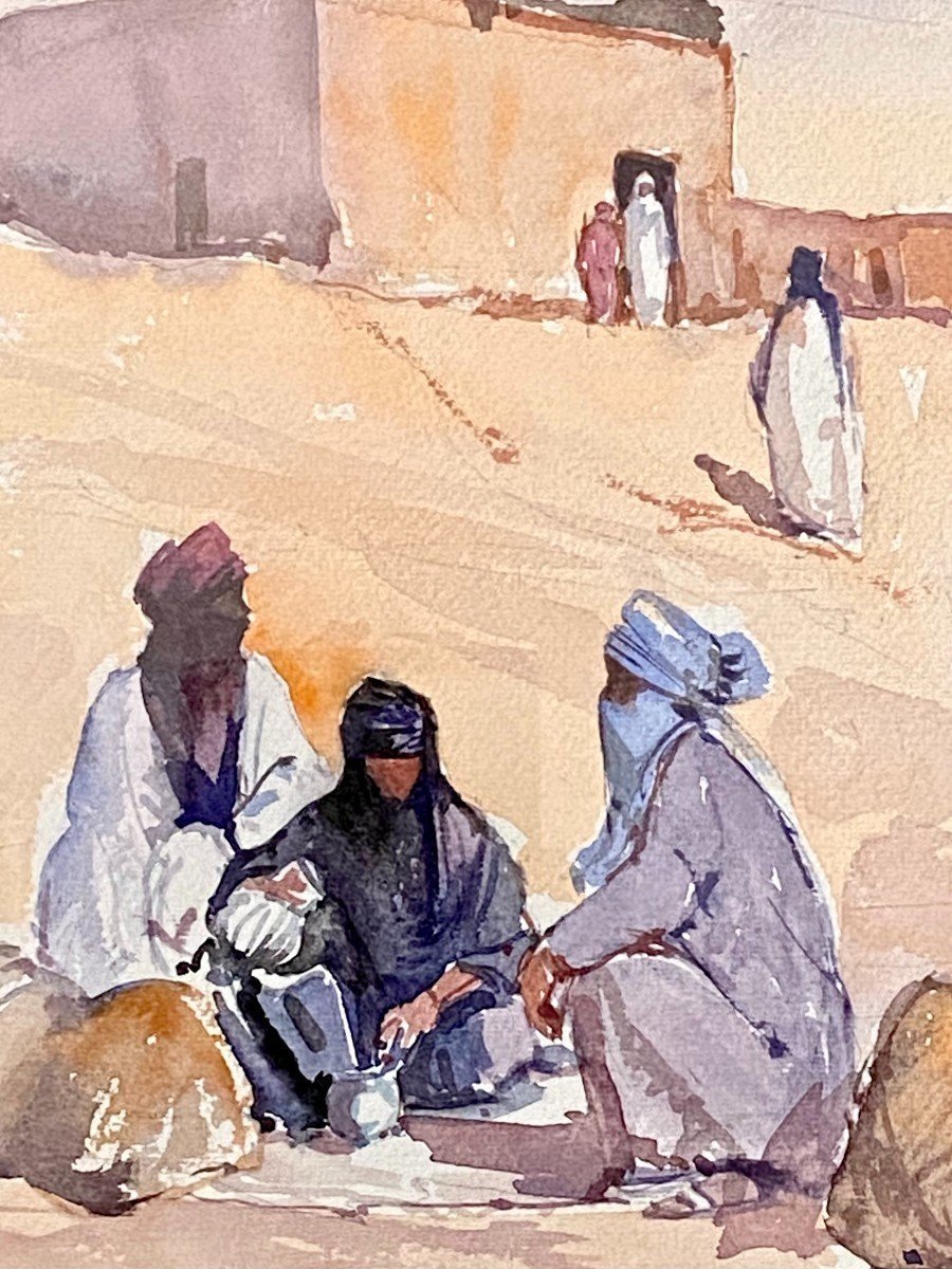 Michel Burbeau, Aquarelle Orientaliste Scène Animée Dans Un Village De l'Atlas.-photo-2