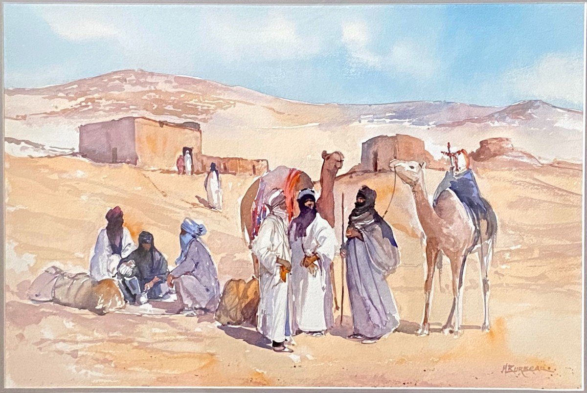 Michel Burbeau, Aquarelle Orientaliste Scène Animée Dans Un Village De l'Atlas.-photo-2