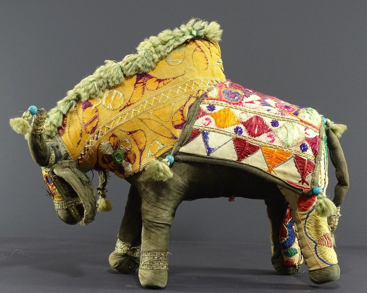 India, Mid-20th Century, Cloth Toy Depicting A Bull Decorated With Glass Beads.-photo-1