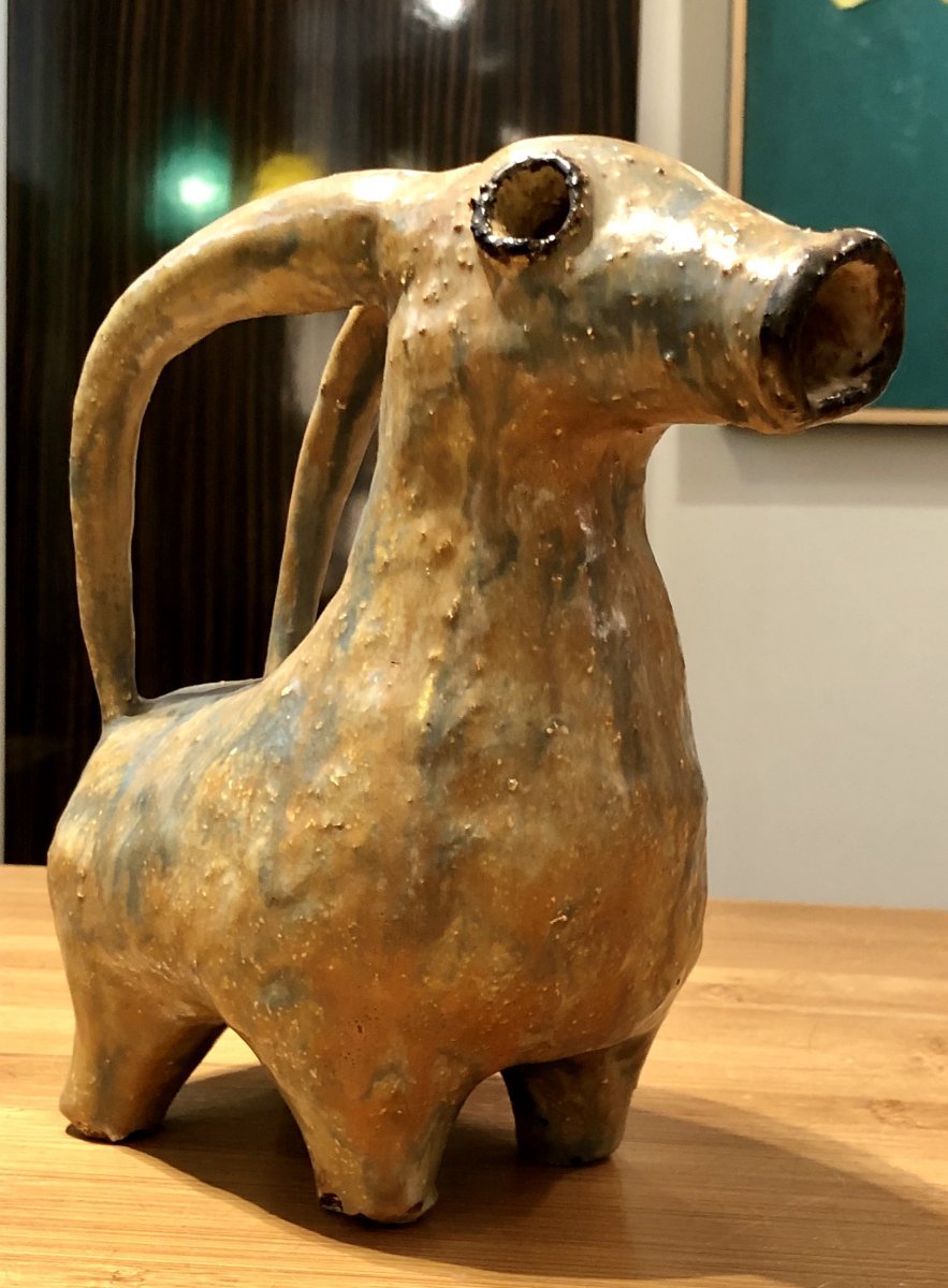 Early 20th Century, Ceramic Ibex Sculpture In The Style Of Iranian Aquamaniles.