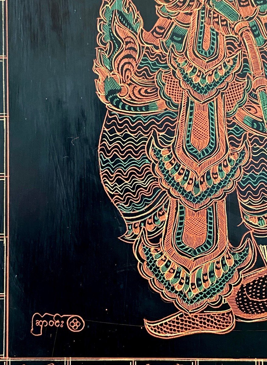 Burma, Mid-20th Century, Lacquer Panel Depicting A Dancer And A Musician.-photo-4