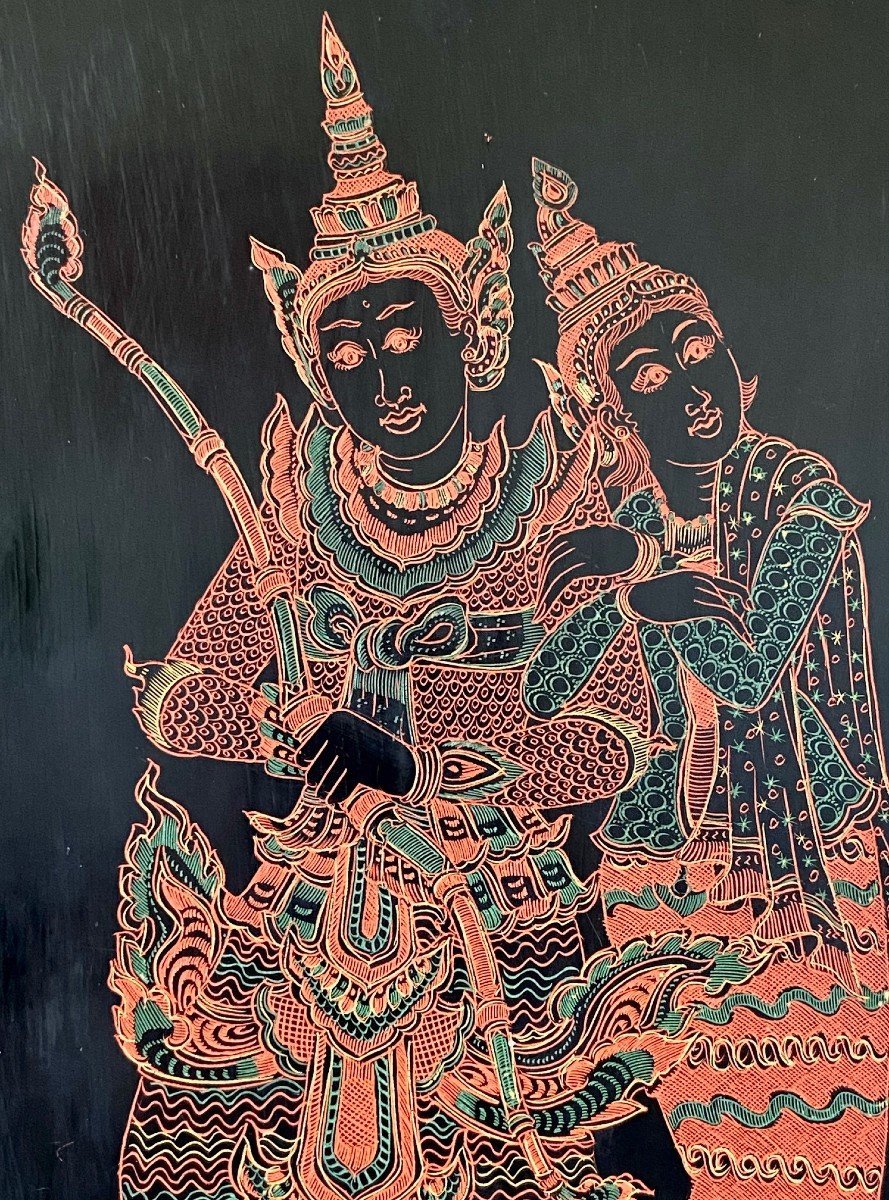 Burma, Mid-20th Century, Lacquer Panel Depicting A Dancer And A Musician.-photo-1