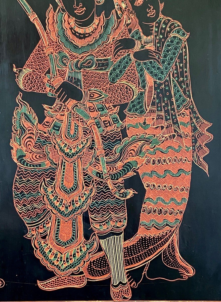 Burma, Mid-20th Century, Lacquer Panel Depicting A Dancer And A Musician.-photo-2