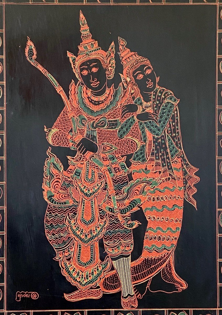Burma, Mid-20th Century, Lacquer Panel Depicting A Dancer And A Musician.-photo-3