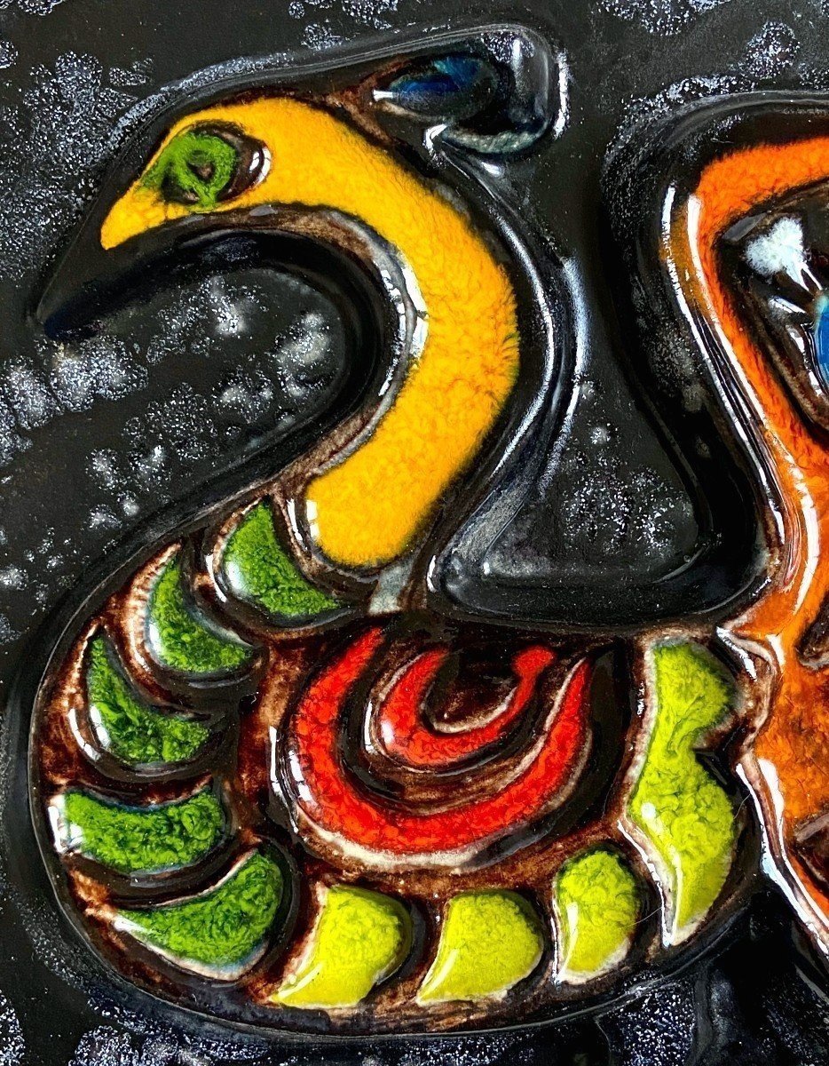 Germany, 1960s, Polychrome Glazed Ceramic Plate Depicting A Peacock.