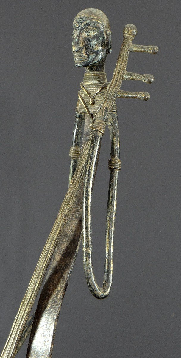 India, Early 20th Century, Rare And Large Tribal Bronze Statue, Saranghi Player.-photo-1
