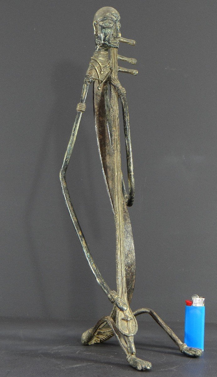 India, Early 20th Century, Rare And Large Tribal Bronze Statue, Saranghi Player.-photo-8