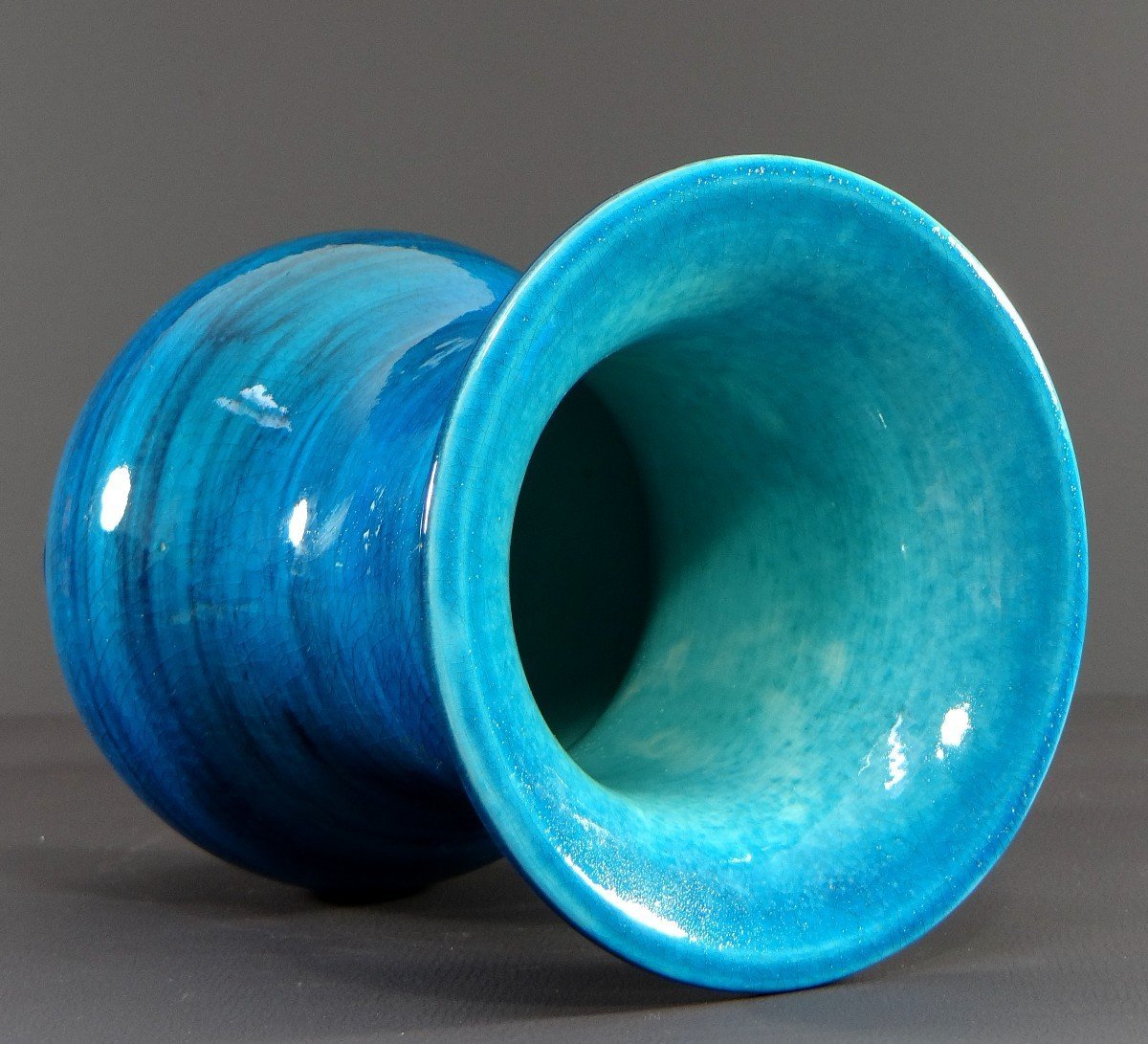 France, 1950s, Glazed Ceramic Vase In Shades Of Blue.-photo-2