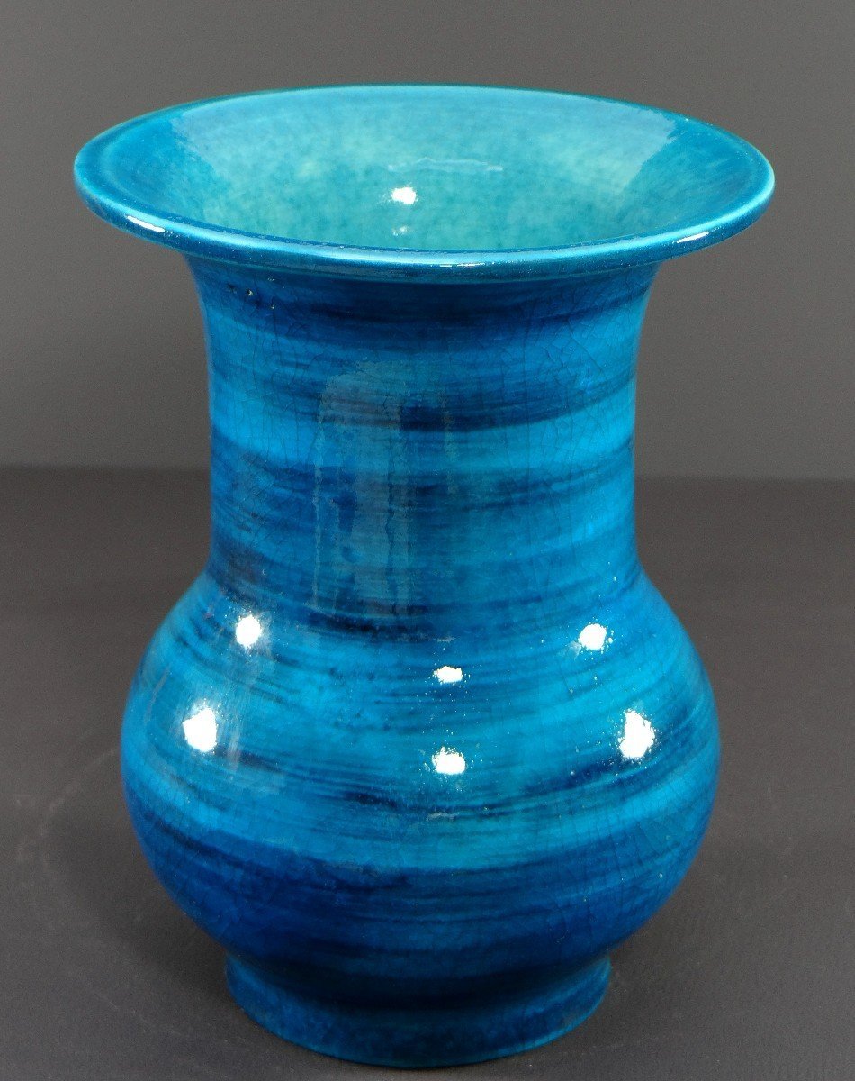 France, 1950s, Glazed Ceramic Vase In Shades Of Blue.-photo-3