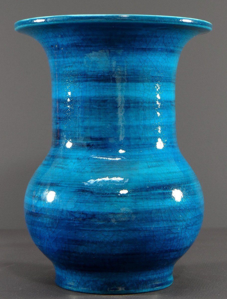 France, 1950s, Glazed Ceramic Vase In Shades Of Blue.-photo-1