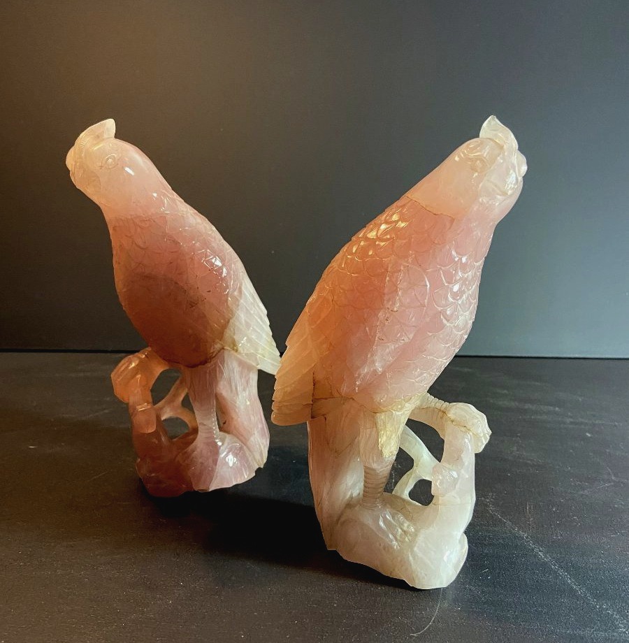 Chine, Milieu du XXème siècle, paire d'oiseaux en quartz rose.-photo-2