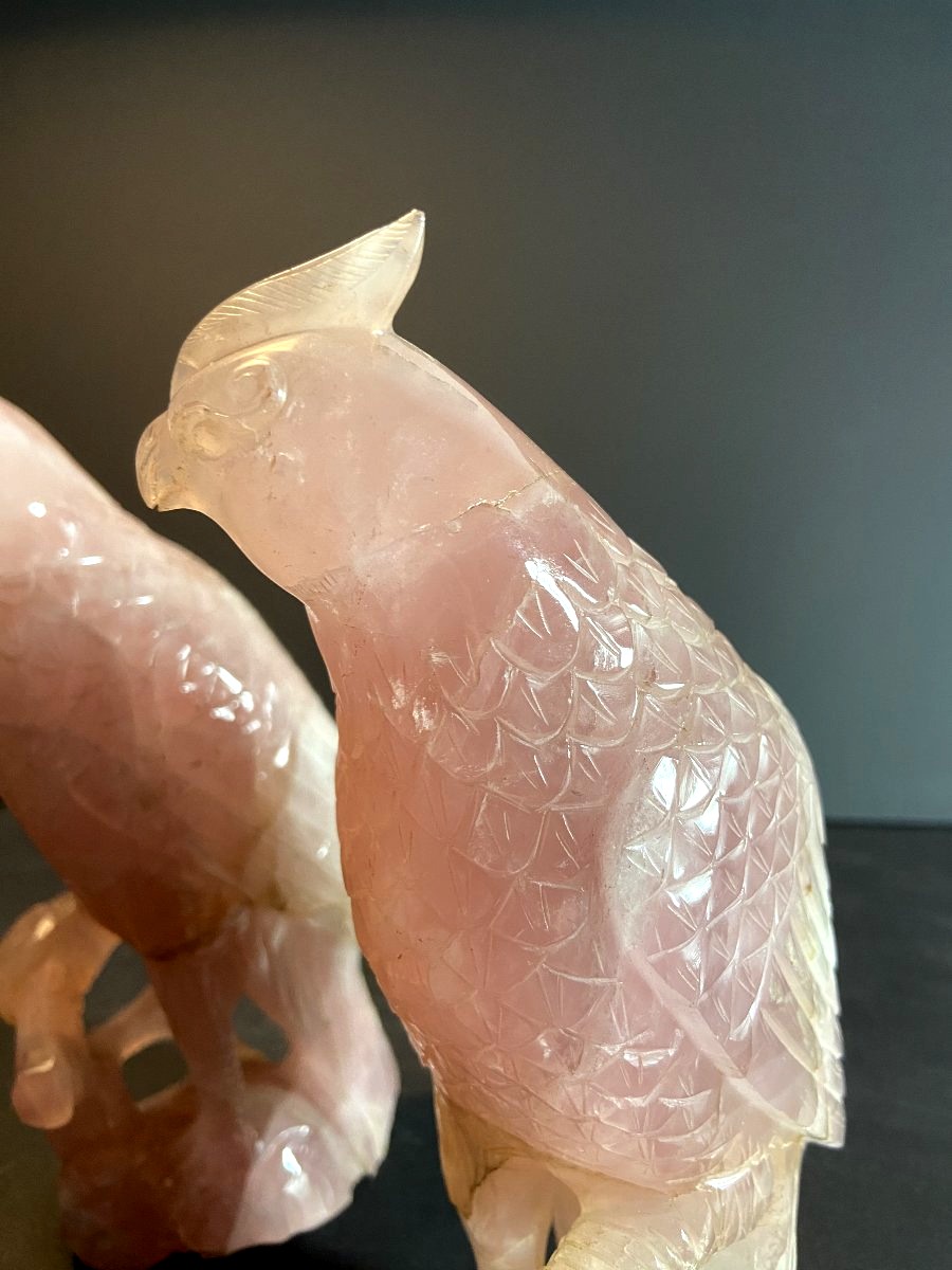 Chine, Milieu du XXème siècle, paire d'oiseaux en quartz rose.-photo-1