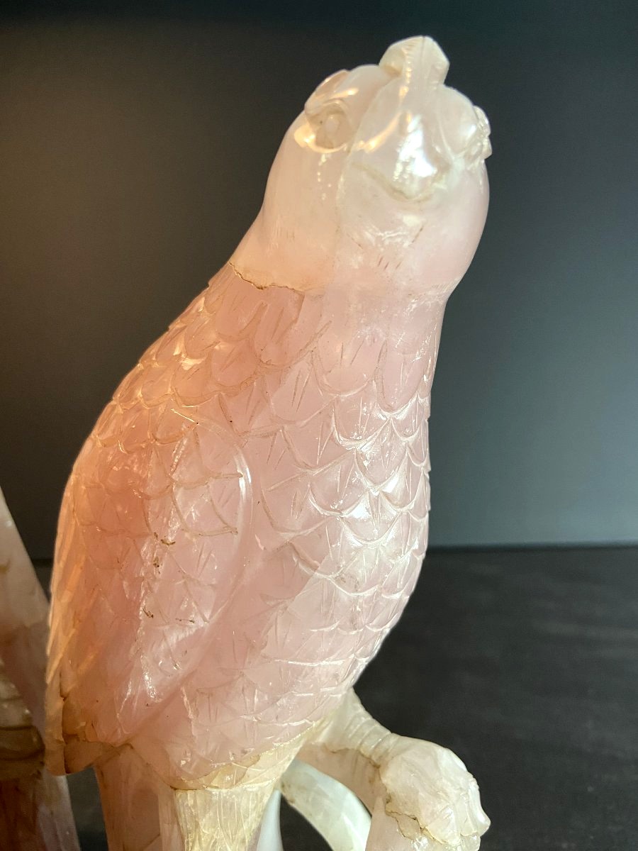 Chine, Milieu du XXème siècle, paire d'oiseaux en quartz rose.-photo-2