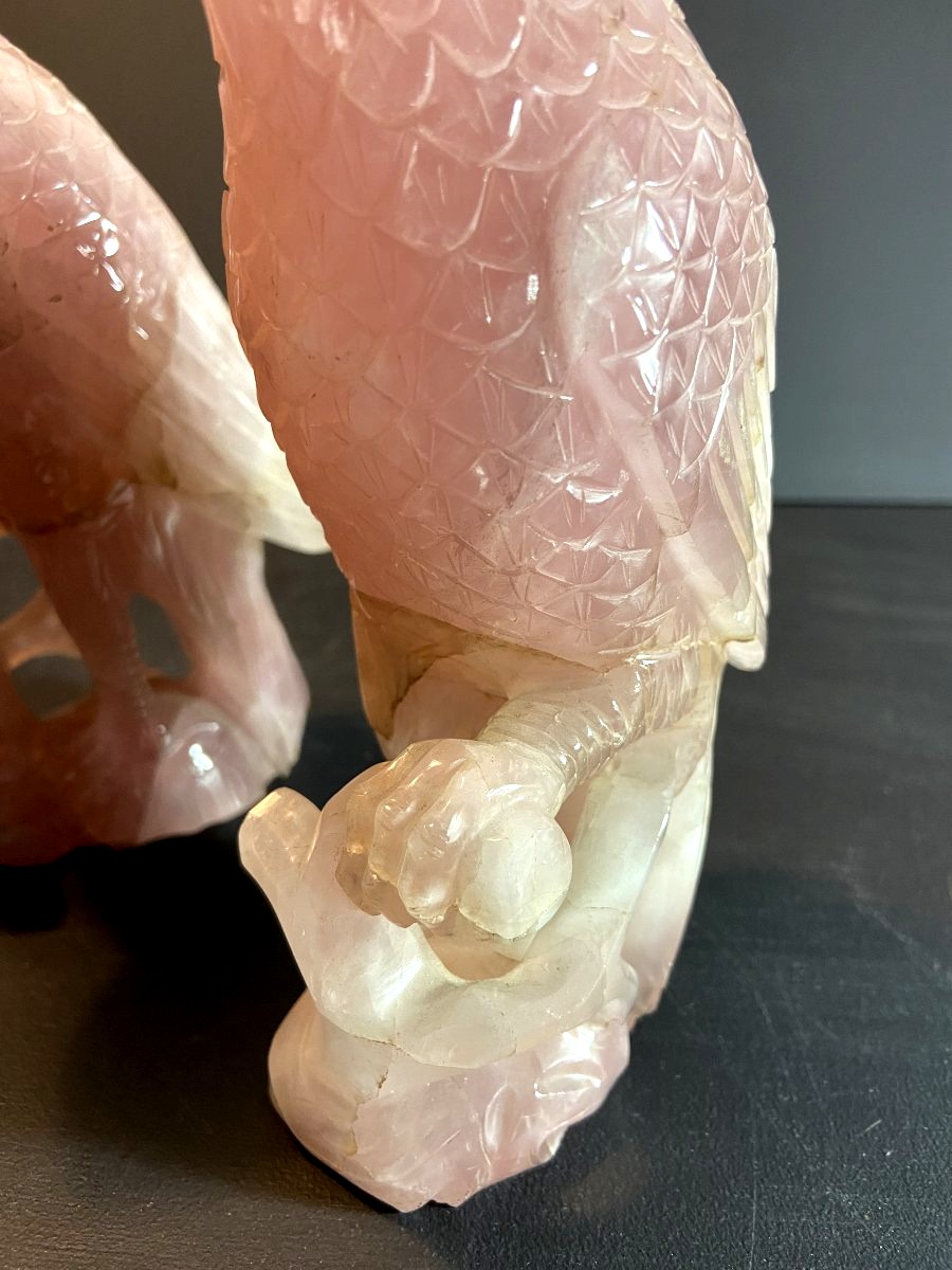 Chine, Milieu du XXème siècle, paire d'oiseaux en quartz rose.-photo-3