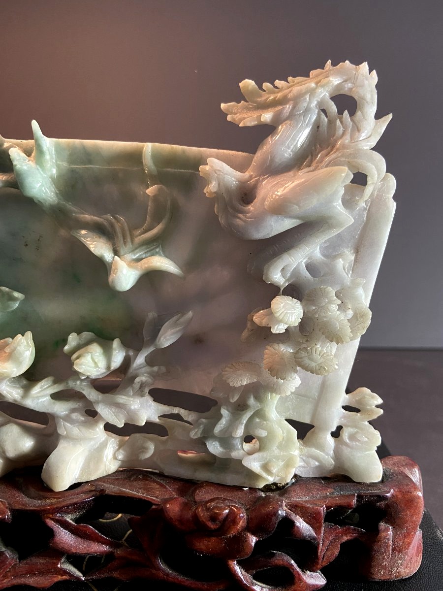 China, First Half Of The 20th Century, Celadon Jade Sculpture Depicting A Landscape And A Bird.-photo-2