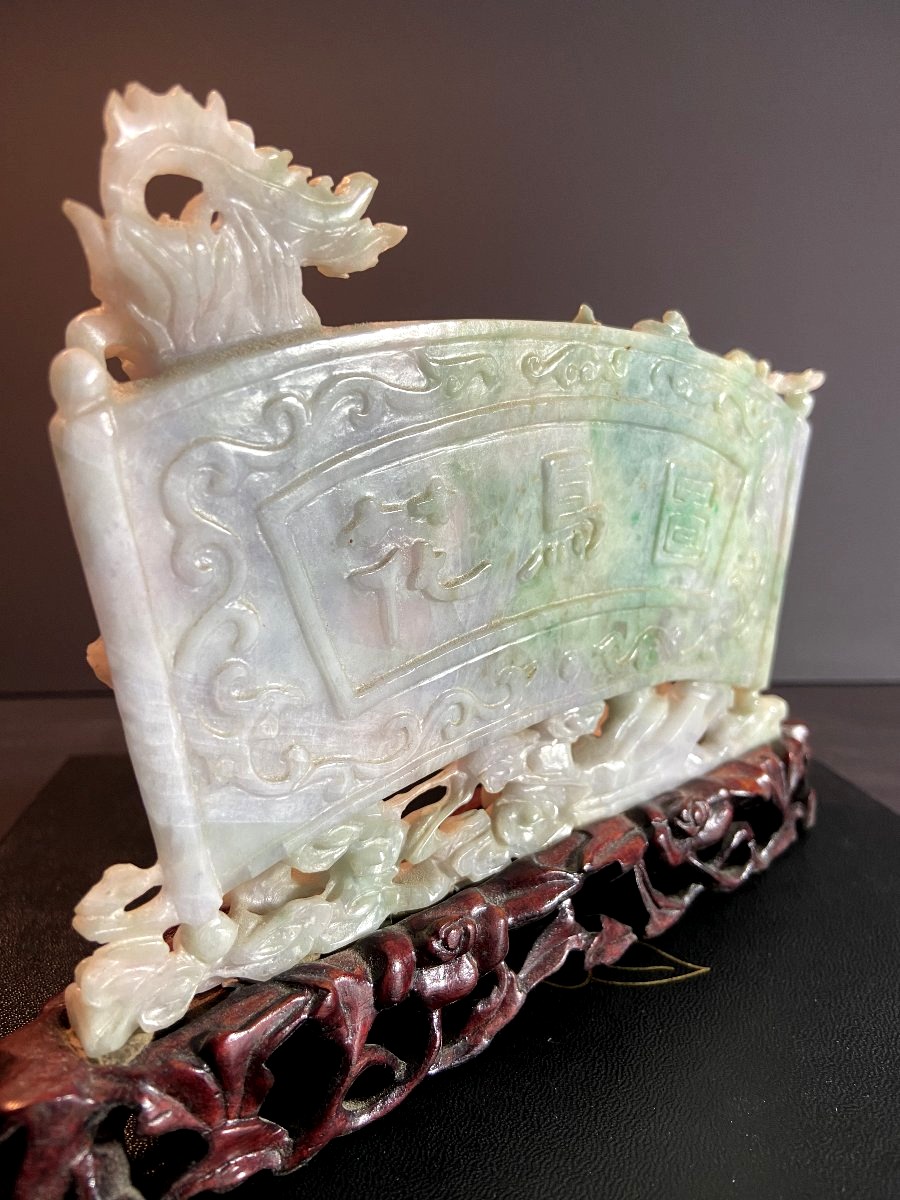 China, First Half Of The 20th Century, Celadon Jade Sculpture Depicting A Landscape And A Bird.-photo-1