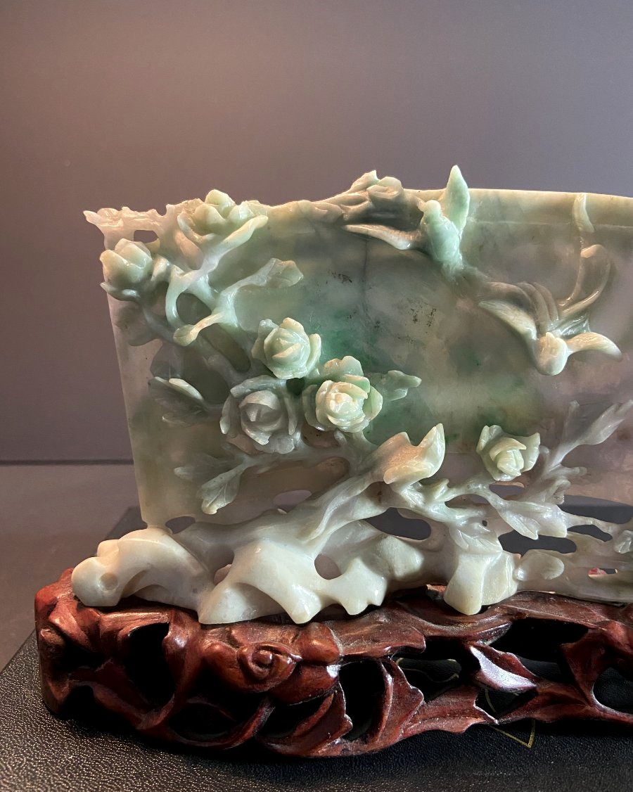 China, First Half Of The 20th Century, Celadon Jade Sculpture Depicting A Landscape And A Bird.-photo-2