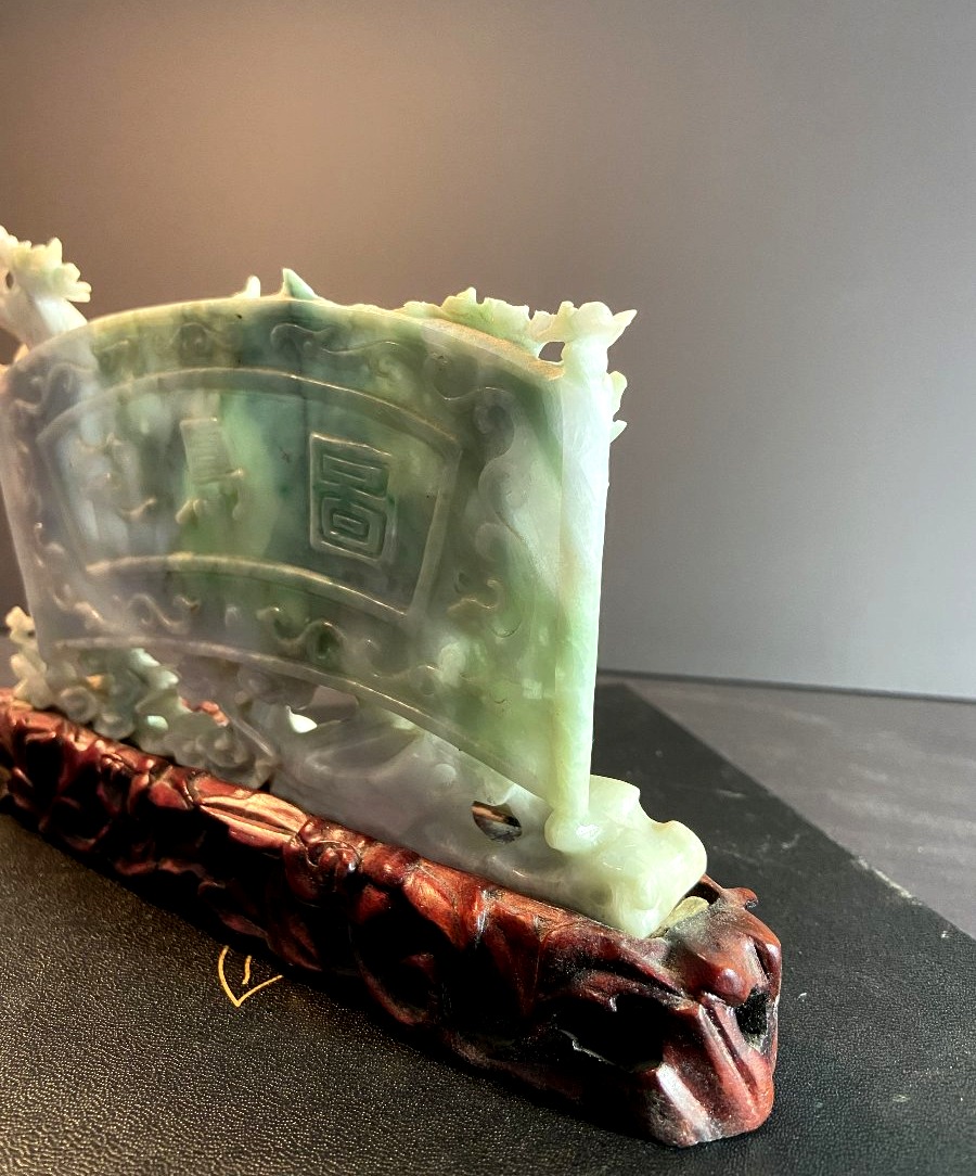 China, First Half Of The 20th Century, Celadon Jade Sculpture Depicting A Landscape And A Bird.-photo-3