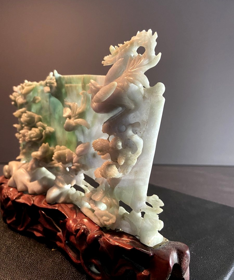 China, First Half Of The 20th Century, Celadon Jade Sculpture Depicting A Landscape And A Bird.-photo-4