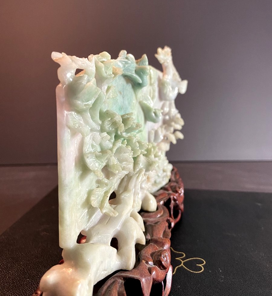 China, First Half Of The 20th Century, Celadon Jade Sculpture Depicting A Landscape And A Bird.-photo-5