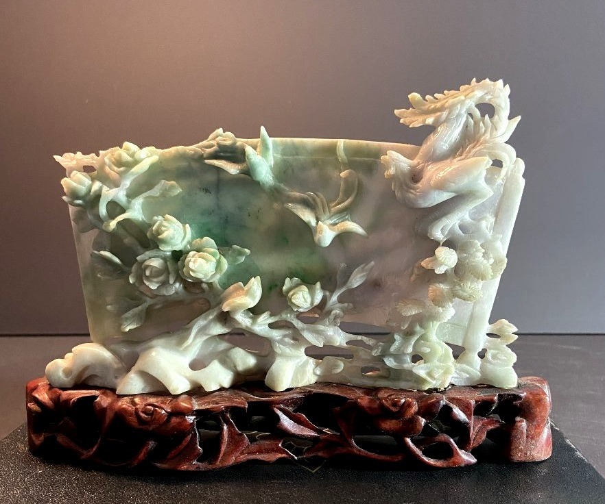 China, First Half Of The 20th Century, Celadon Jade Sculpture Depicting A Landscape And A Bird.