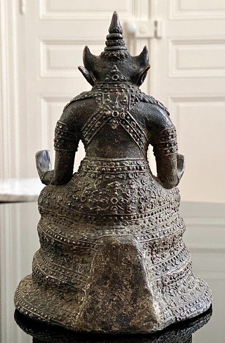 Thaïlande, Premier Tiers XXème Siècle, Statuette Bronze Argenté Divinité Tête Taureau.-photo-2
