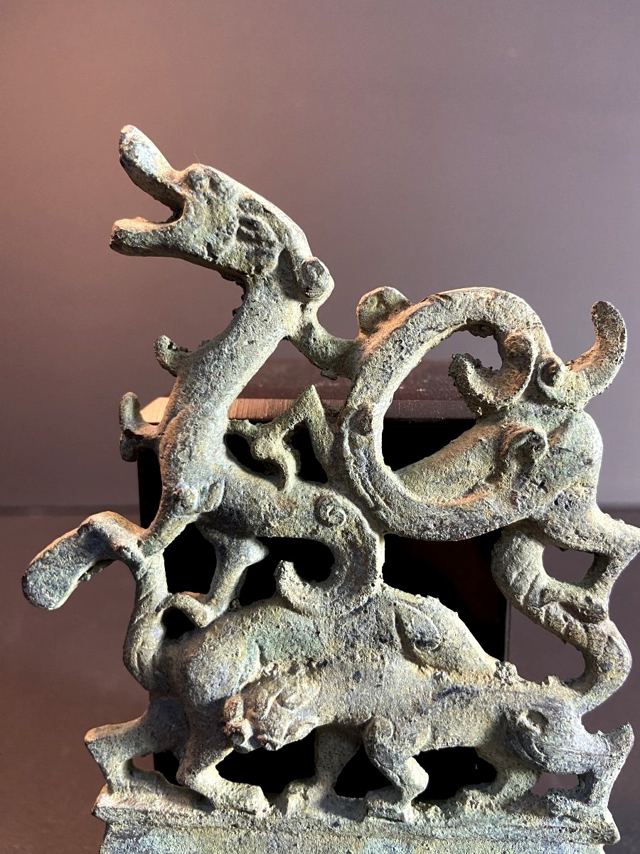 China, Qing Dynasty, Bronze Comb Decorated At The Top With A Dragon Surmounting Two Tigers.-photo-1