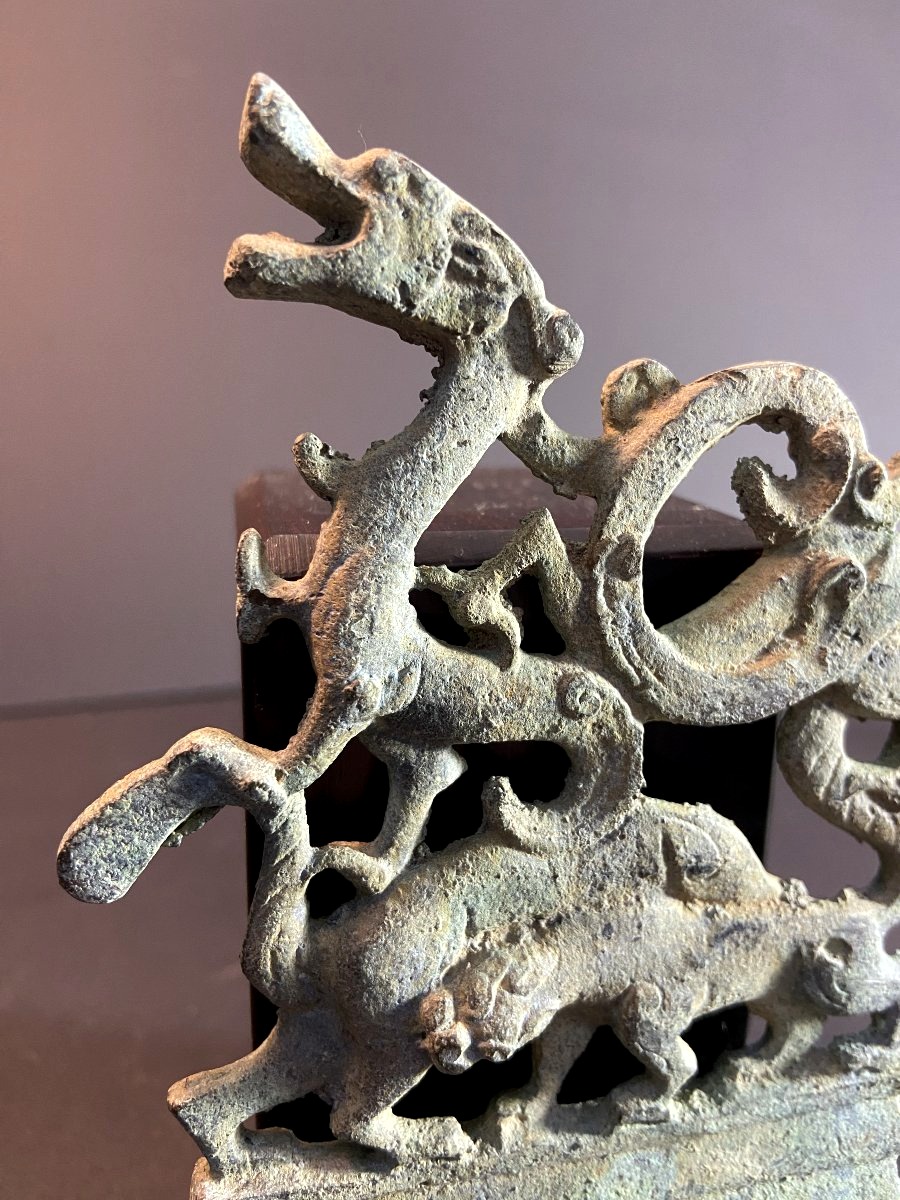 China, Qing Dynasty, Bronze Comb Decorated At The Top With A Dragon Surmounting Two Tigers.-photo-2