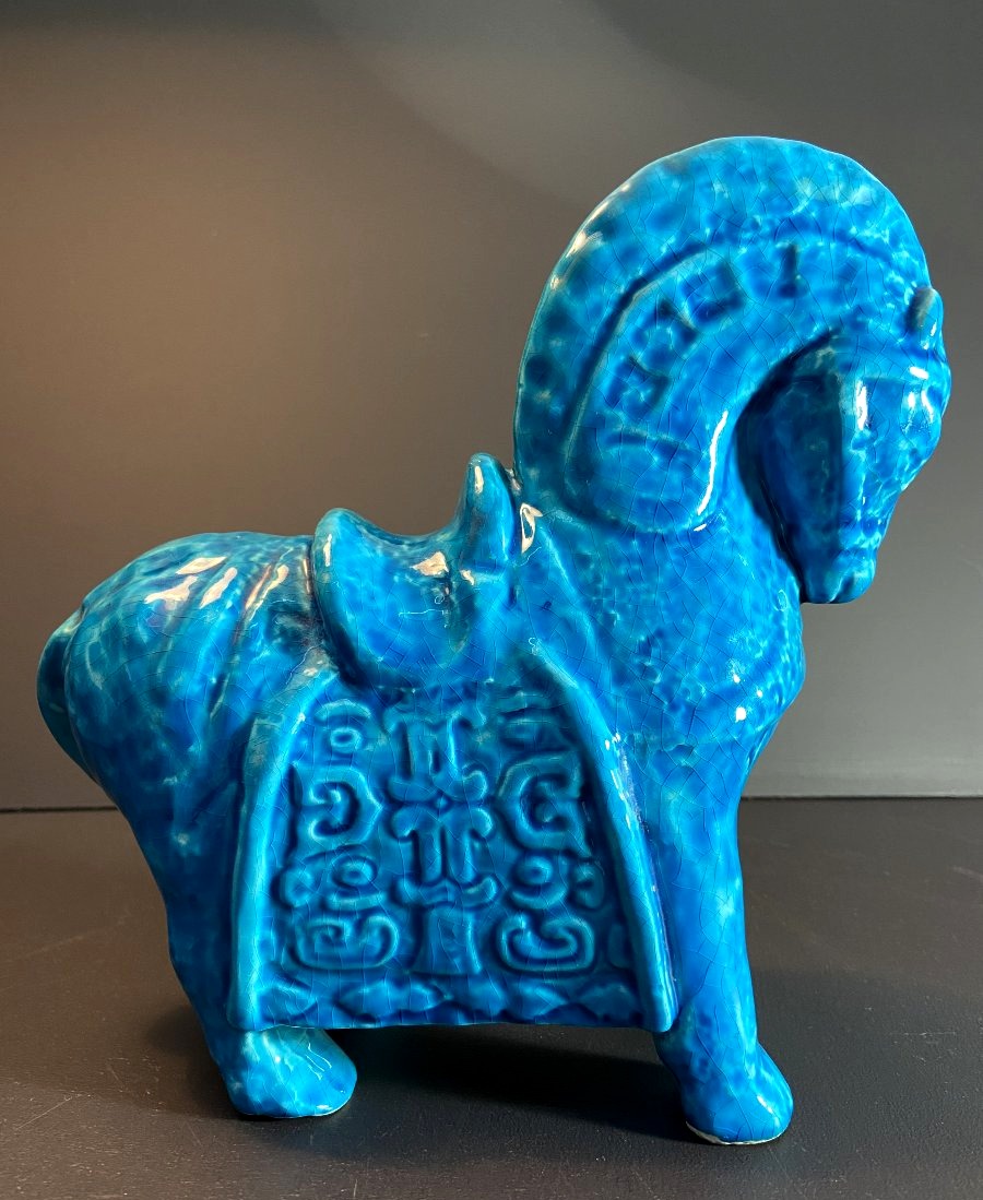 China, Mid-20th Century, Ceramic Horse In A Turquoise Hue.-photo-2