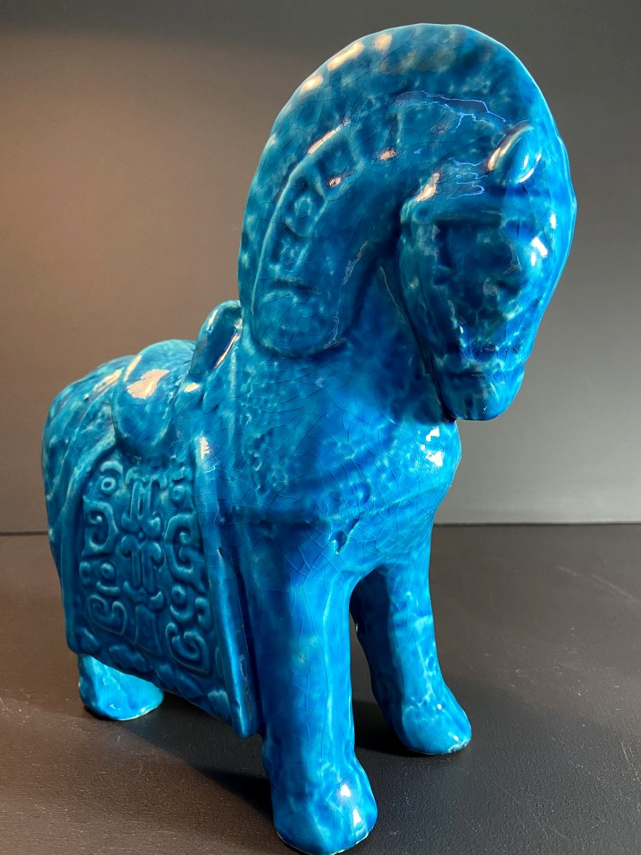 China, Mid-20th Century, Ceramic Horse In A Turquoise Hue.-photo-4