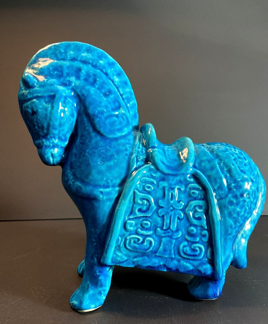 China, Mid-20th Century, Ceramic Horse In A Turquoise Hue.-photo-2