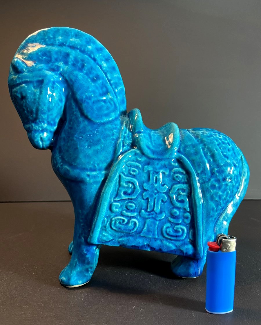 China, Mid-20th Century, Ceramic Horse In A Turquoise Hue.-photo-5