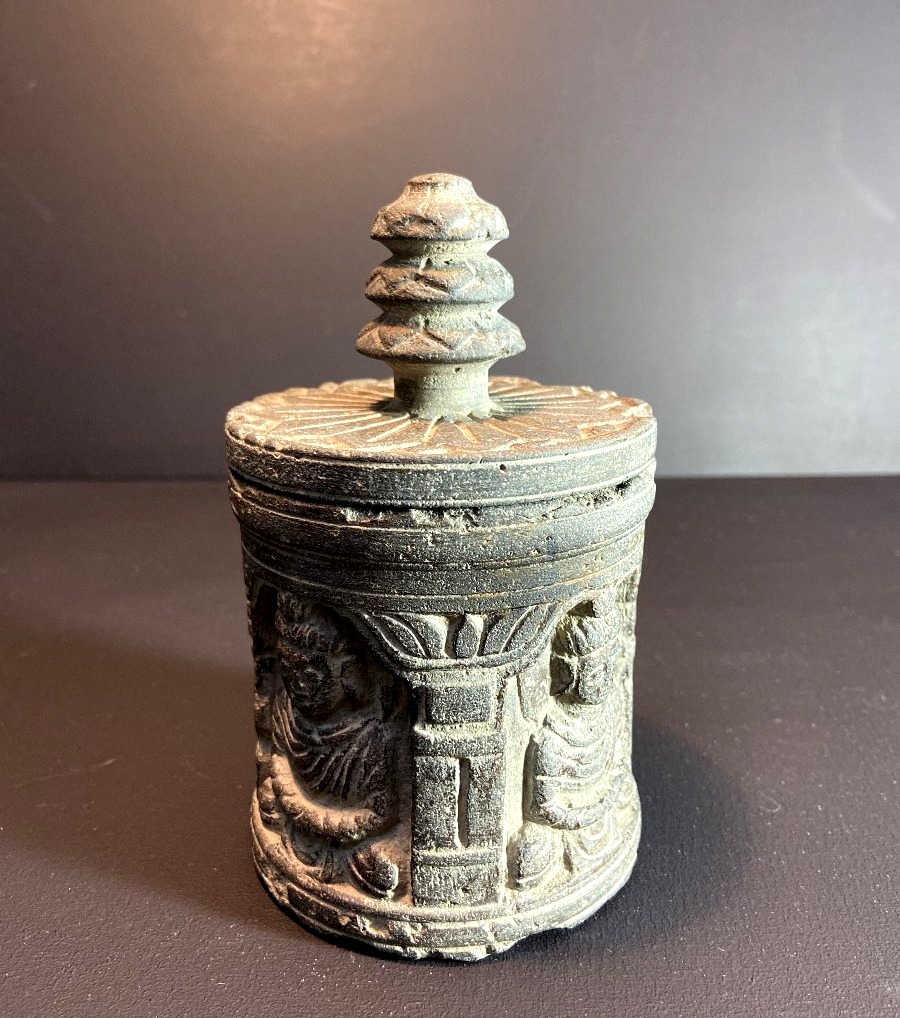 Gandhara Civilization, Ca. 3rd Century, Cylindrical Reliquary With Its Lid.-photo-5