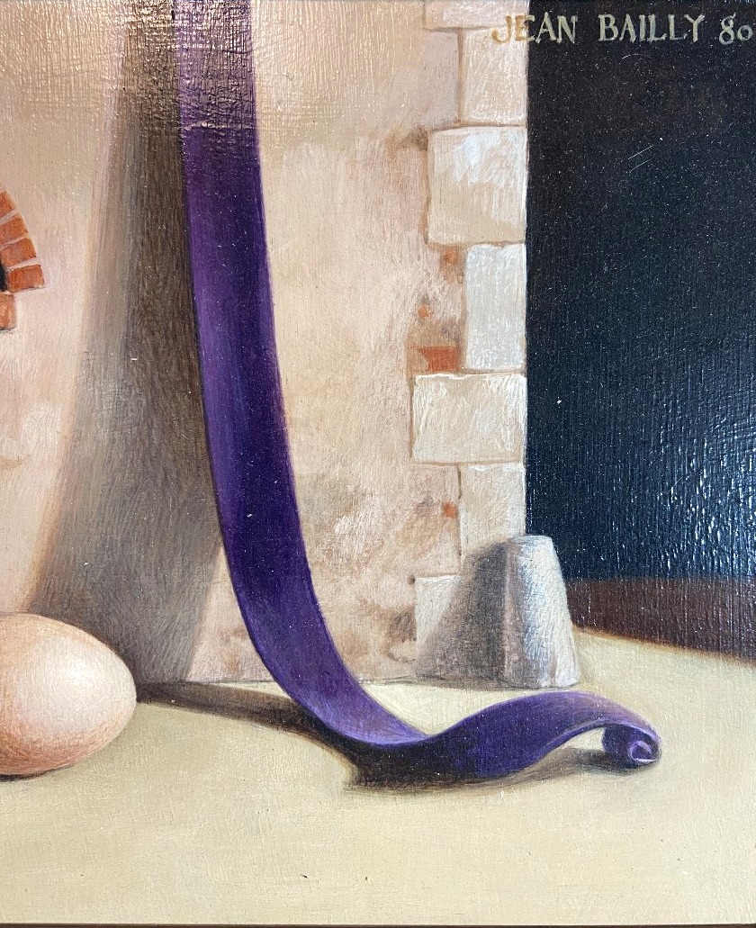 Jean BAILLY (né en 1940),  Huile sur panneau "Nature morte à l'oeuf", 1980.-photo-2