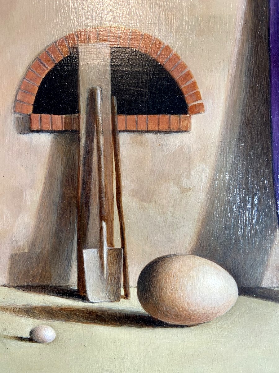 Jean BAILLY (né en 1940),  Huile sur panneau "Nature morte à l'oeuf", 1980.-photo-2