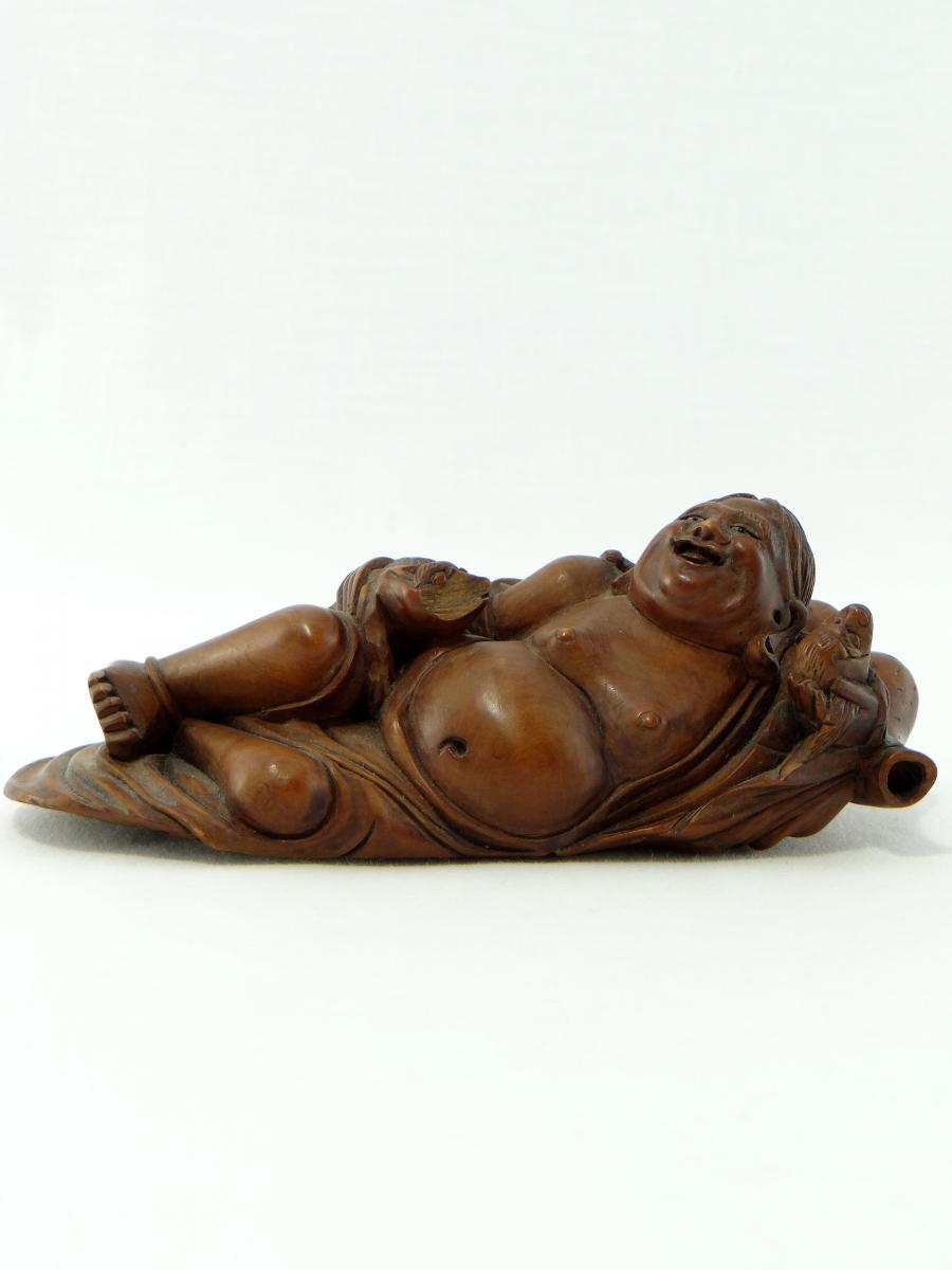 China Or Southeast Asia Nineteenth, Statuette Poet Drunk In Carved Boxwood.