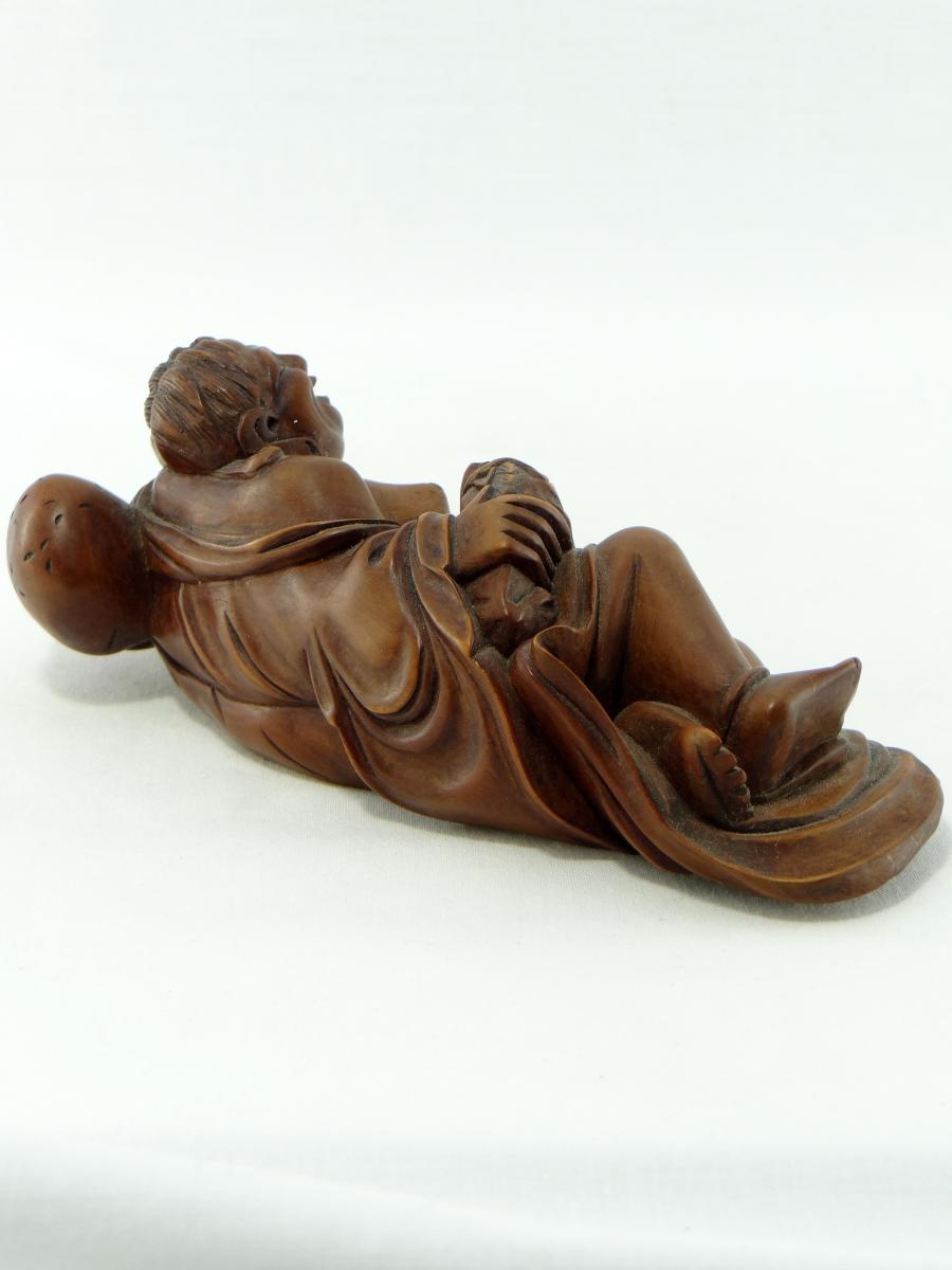 China Or Southeast Asia Nineteenth, Statuette Poet Drunk In Carved Boxwood.-photo-3