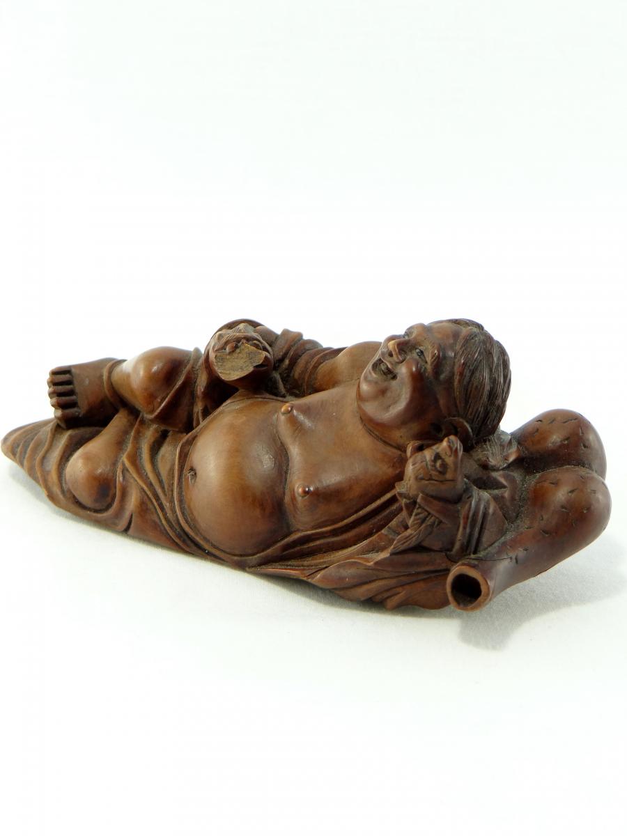 China Or Southeast Asia Nineteenth, Statuette Poet Drunk In Carved Boxwood.-photo-1