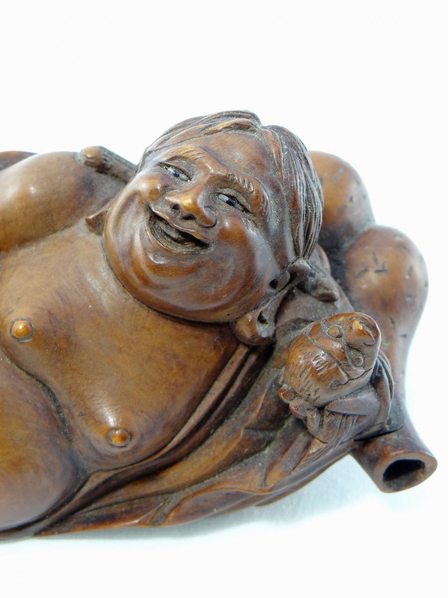 China Or Southeast Asia Nineteenth, Statuette Poet Drunk In Carved Boxwood.-photo-2