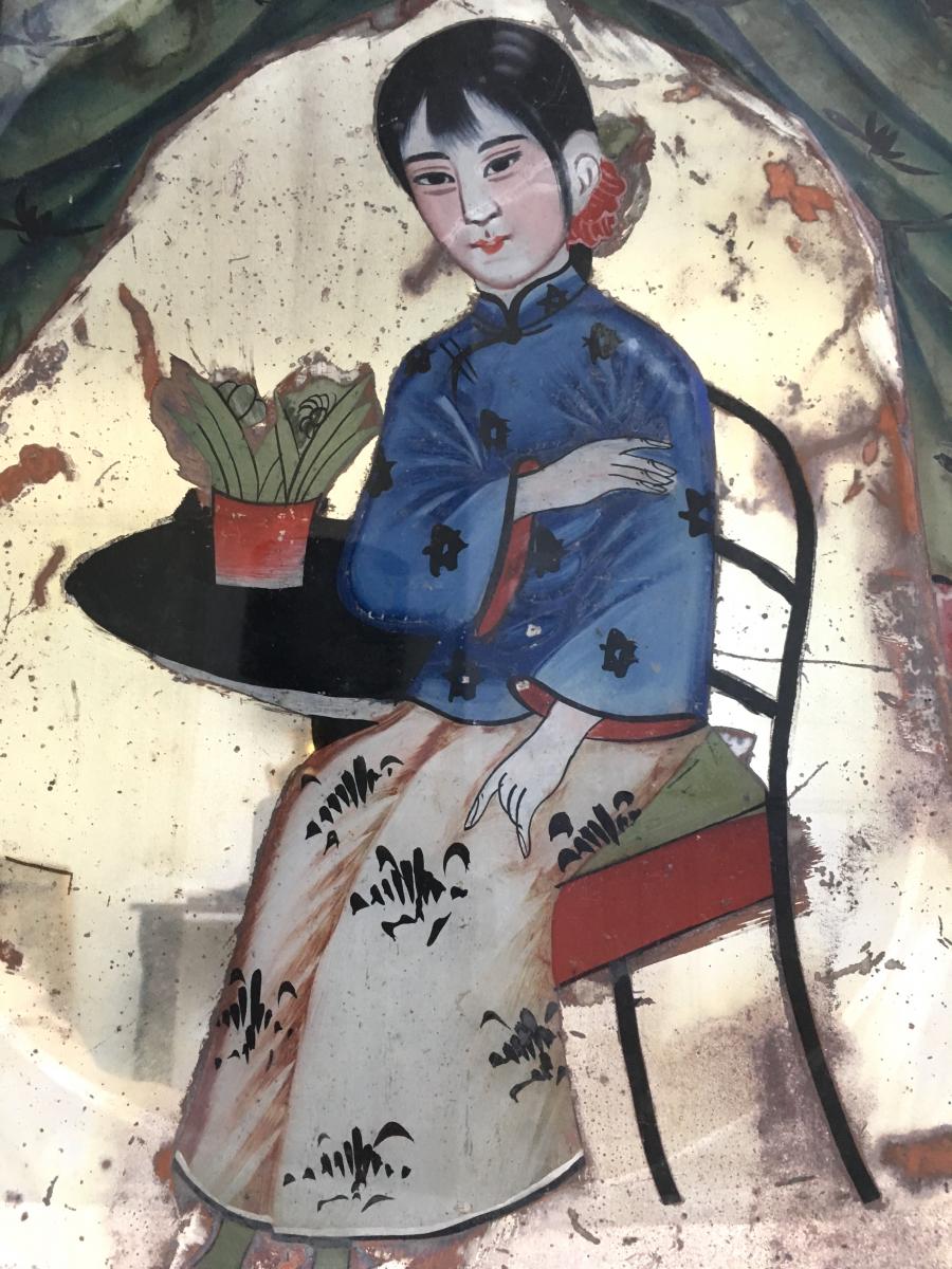 Chine, Dernier Tiers du XIXème Siècle, Peinture Sous Verre Figurant Une Enfant.-photo-2