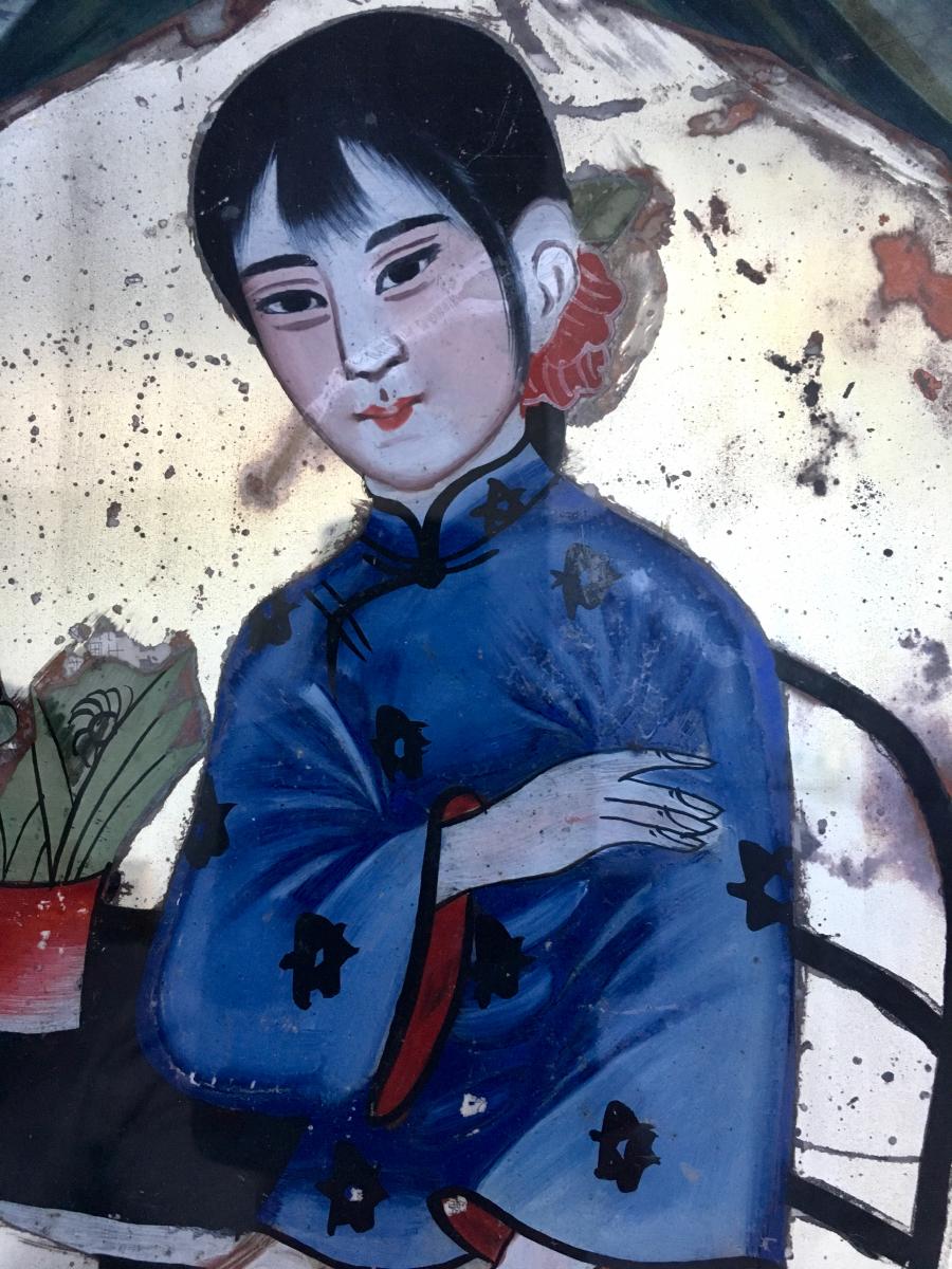 Chine, Dernier Tiers du XIXème Siècle, Peinture Sous Verre Figurant Une Enfant.-photo-3