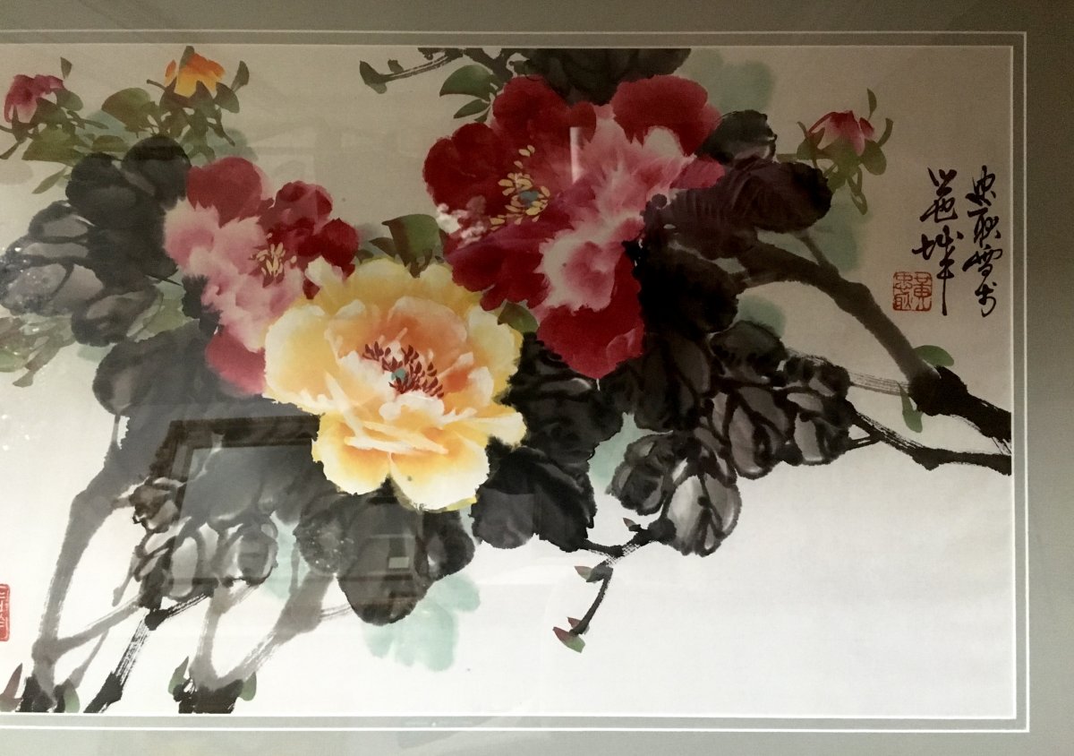 China, XXth Century, Large Watercolor Depicting Flowering Branches.-photo-3