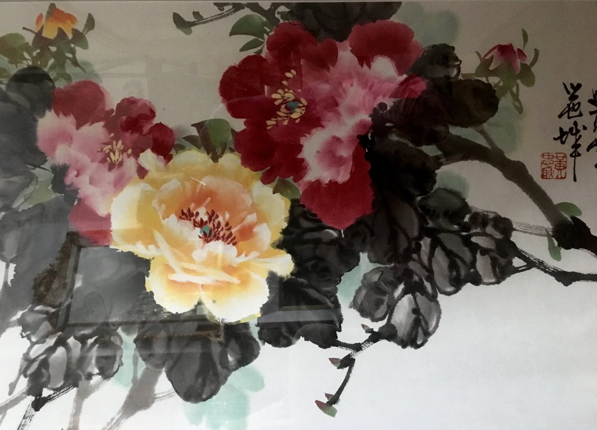 China, XXth Century, Large Watercolor Depicting Flowering Branches.-photo-4