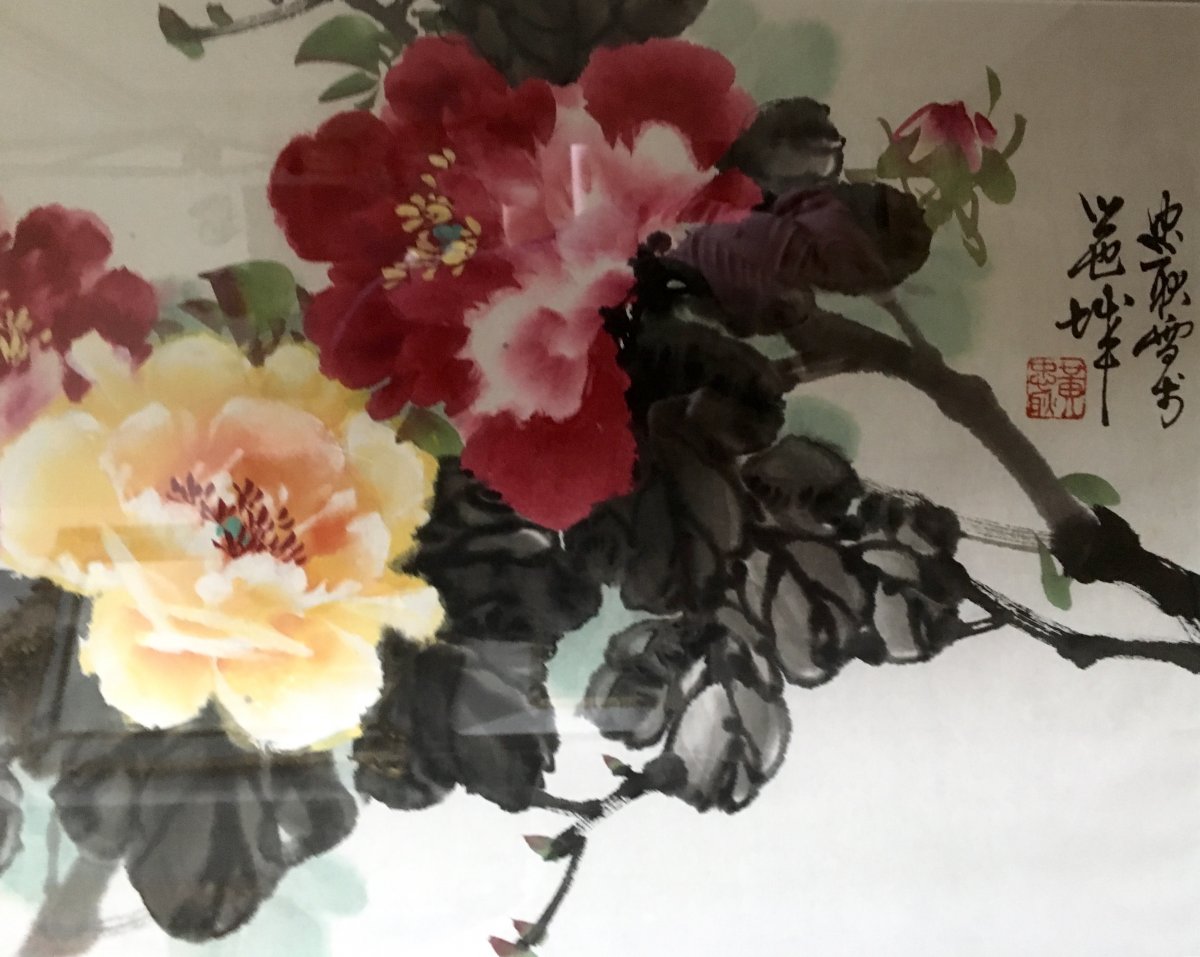 Chine, XXème Siècle, Grande Aquarelle figurant des branches fleuries. -photo-4