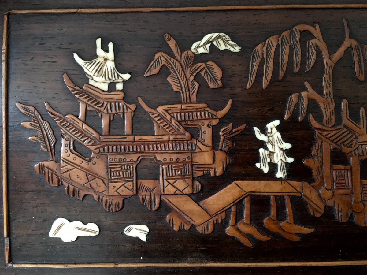 Vietnam Around 1900, Pair Of Inlaid Boxwood And Ivory Panels Scenery Of Life.-photo-3