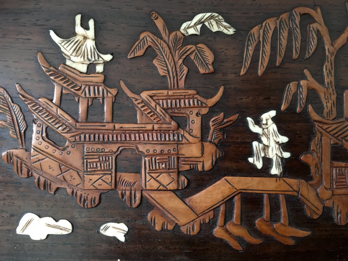 Vietnam Around 1900, Pair Of Inlaid Boxwood And Ivory Panels Scenery Of Life.-photo-2